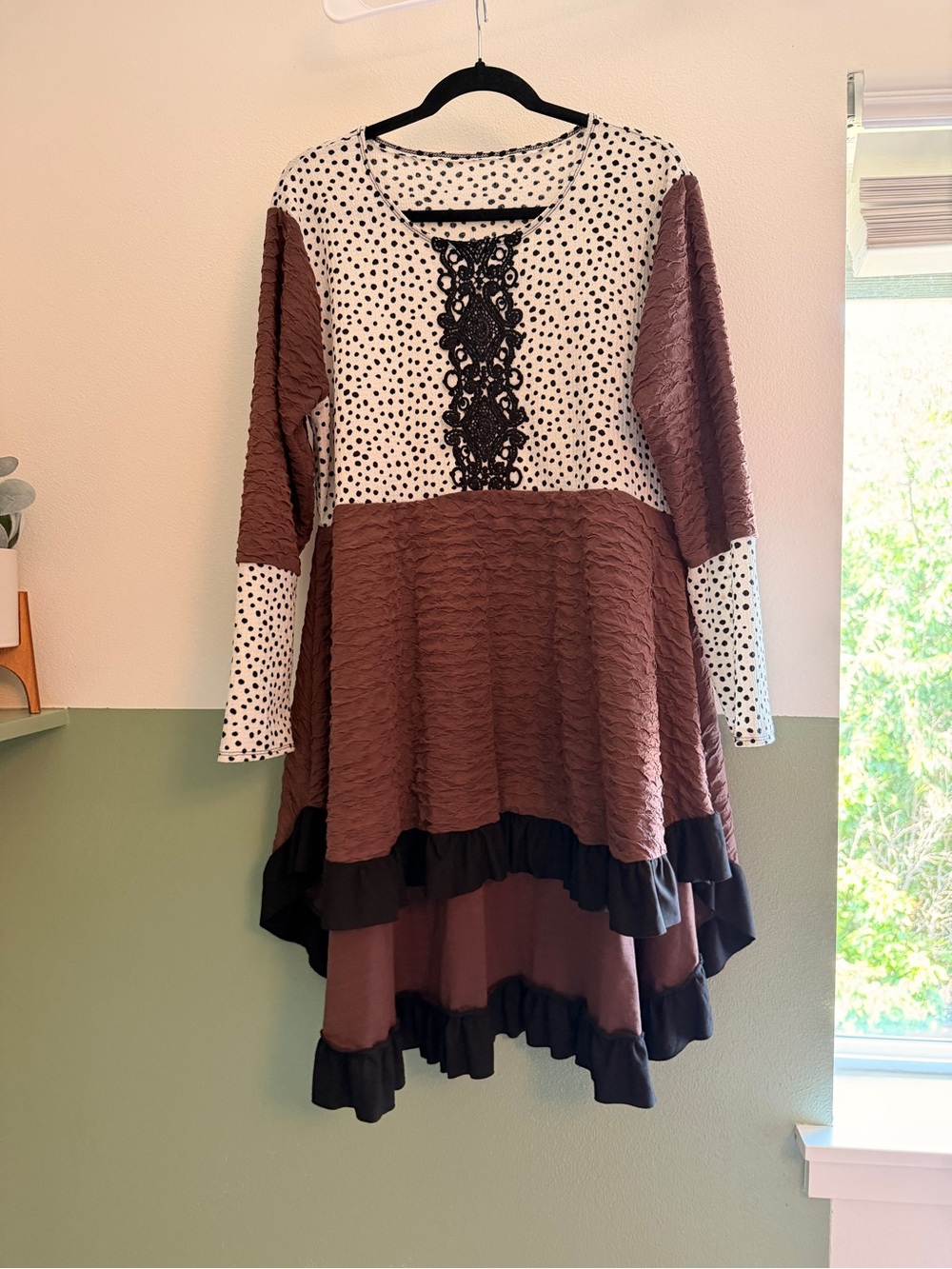 Polka Dot & Ruffle High-Low Dress in Brown and White